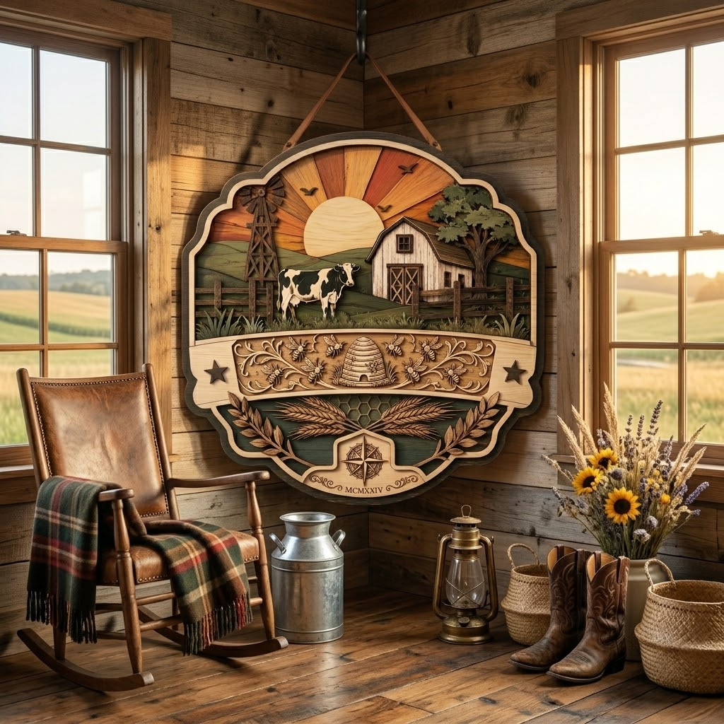 Farm Sunset Cow and Beehive 3 Layer Wooden Sign, Countryside Wall Art, Layered Wood Decor, Not 3D Printed, Rustic Farmhouse Sign, Homestead Decor, Country Gift