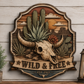 Wild and Free Bull Skull 3 Layer Wooden Sign, Cactus Desert Wall Art, Layered Wood Decor, Not 3D Printed, Southwestern Sign, Rustic Ranch Decor, Western Home Gift