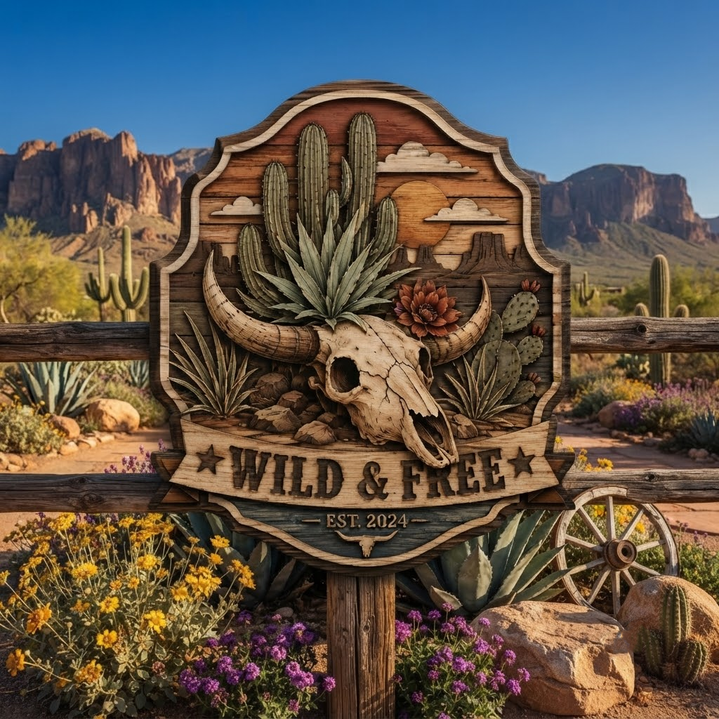Wild and Free Bull Skull 3 Layer Wooden Sign, Cactus Desert Wall Art, Layered Wood Decor, Not 3D Printed, Southwestern Sign, Rustic Ranch Decor, Western Home Gift
