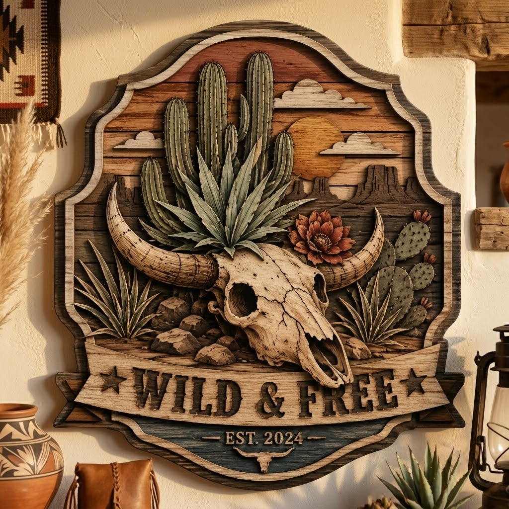 Wild and Free Bull Skull 3 Layer Wooden Sign, Cactus Desert Wall Art, Layered Wood Decor, Not 3D Printed, Southwestern Sign, Rustic Ranch Decor, Western Home Gift