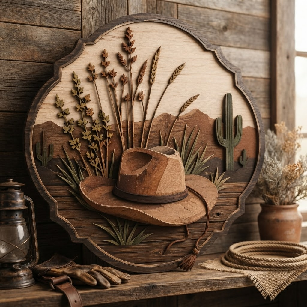 Cowboy Hat Desert Wheat 3 Layer Wooden Sign, Rustic Ranch Wall Art, Layered Wood Decor, Not 3D Printed, Western Home Decor, Country Wilderness Sign, Rancher Gift