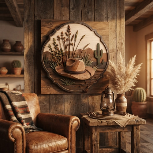 Cowboy Hat Desert Wheat 3 Layer Wooden Sign, Rustic Ranch Wall Art, Layered Wood Decor, Not 3D Printed, Western Home Decor, Country Wilderness Sign, Rancher Gift