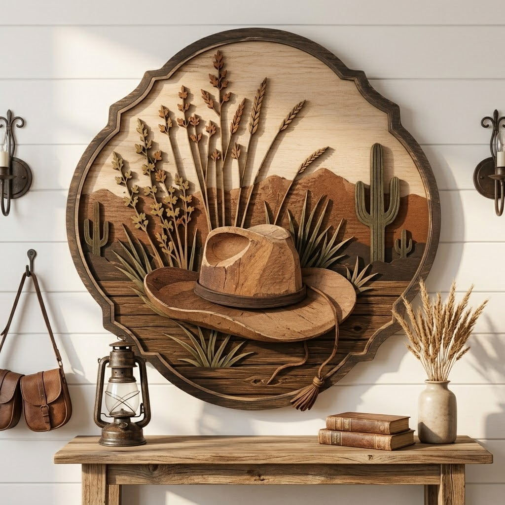 Cowboy Hat Desert Wheat 3 Layer Wooden Sign, Rustic Ranch Wall Art, Layered Wood Decor, Not 3D Printed, Western Home Decor, Country Wilderness Sign, Rancher Gift