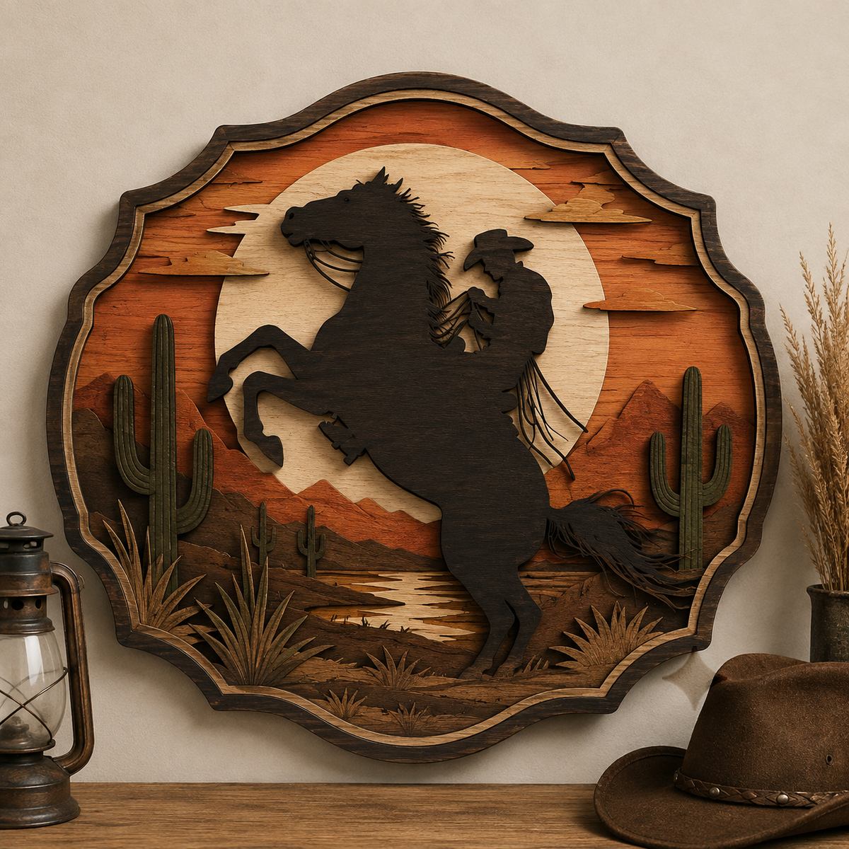 Rearing Horse Sunset 3 Layer Wooden Sign, Wild West Wall Art, Layered Wood Decor, Not 3D Printed, Cowboy Ranch Sign, Rustic Western Decor, Horse Lover Gift