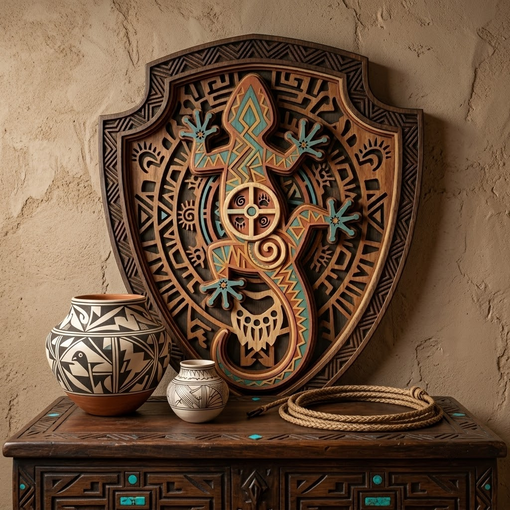 Southwestern Gecko 3 Layer Wooden Sign, Tribal Shield Wall Art, Layered Wood Decor, Not 3D Printed, Boho Aztec Home Sign, Native American Style Decor, Gift