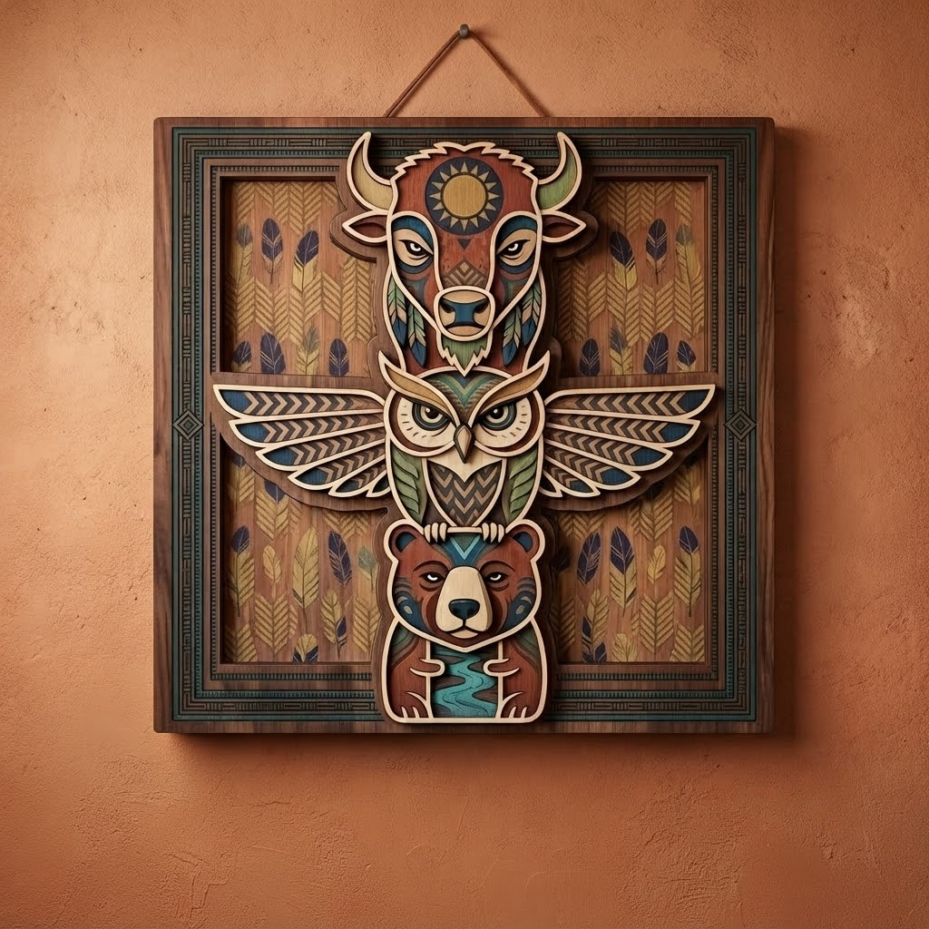 Tribal Totem Pole 3 Layer Wooden Sign, Buffalo Owl Bear Wall Art, Layered Wood Decor, Not 3D Printed, Southwestern Wildlife Sign, Native Style Decor, Gift