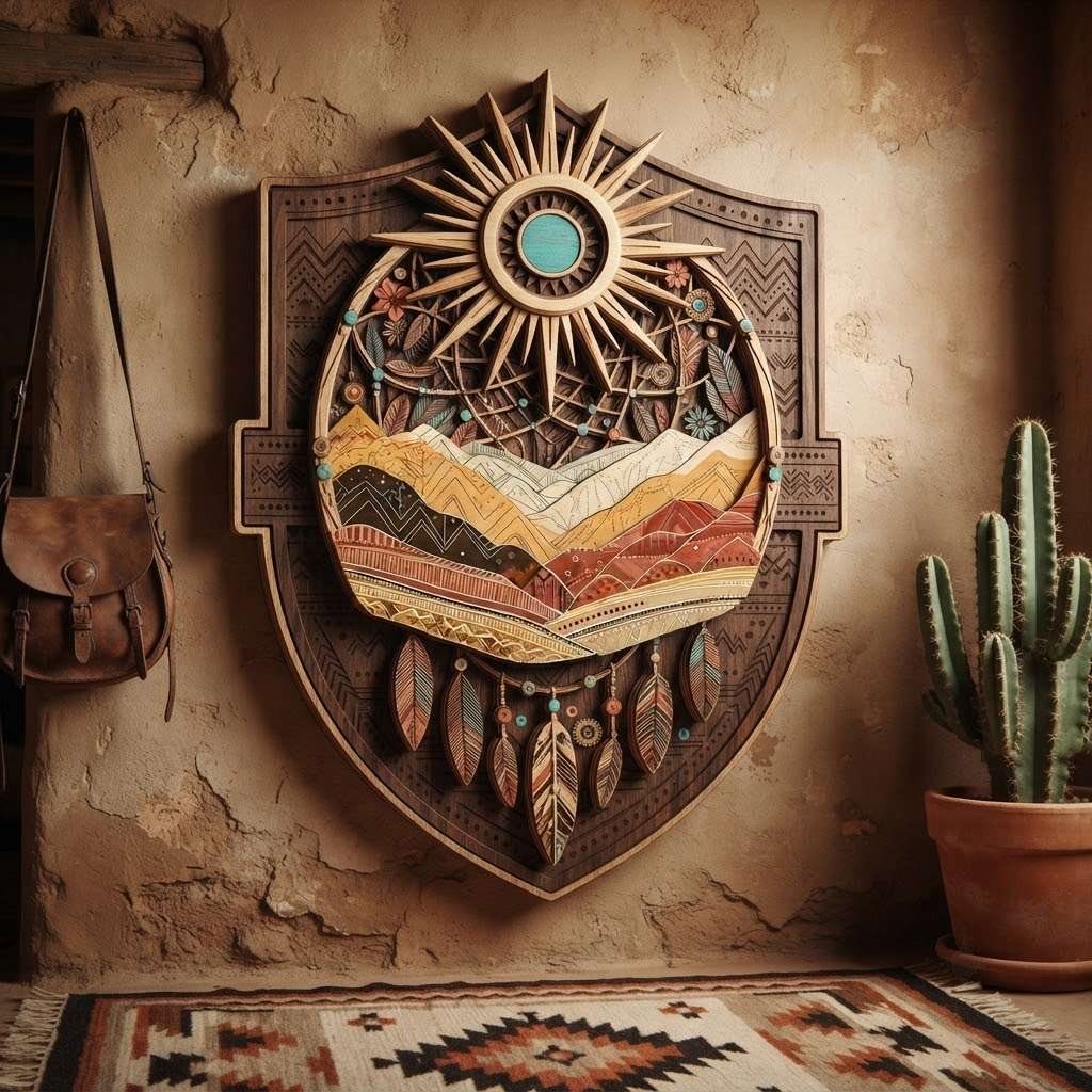 Southwestern Sun Mountain 3 Layer Wooden Sign, Dreamcatcher Wall Art, Layered Wood Decor, Not 3D Printed, Boho Desert Sign, Native Style Home Decor, Gift