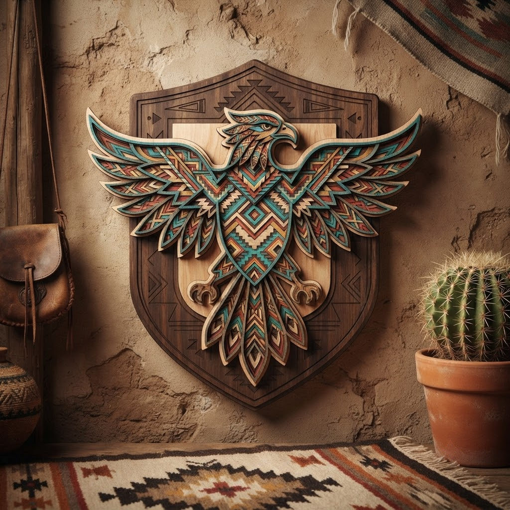 Southwestern Tribal Eagle 3 Layer Wooden Sign, Native Style Wall Art, Layered Wood Decor, Not 3D Printed, Boho Shield Sign, Rustic Wildlife Decor, Gift