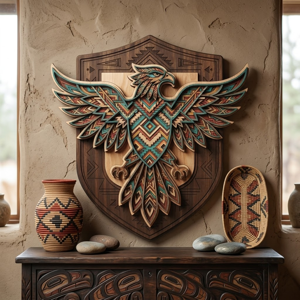 Southwestern Tribal Eagle 3 Layer Wooden Sign, Native Style Wall Art, Layered Wood Decor, Not 3D Printed, Boho Shield Sign, Rustic Wildlife Decor, Gift