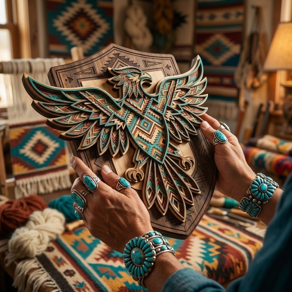 Southwestern Tribal Eagle 3 Layer Wooden Sign, Native Style Wall Art, Layered Wood Decor, Not 3D Printed, Boho Shield Sign, Rustic Wildlife Decor, Gift