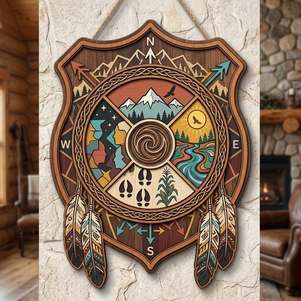 Tribal Compass 3 Layer Wooden Sign, Native American Shield Wall Art, Layered Wood Decor, Not 3D Printed, Southwestern Aztec Home Decor, Boho Desert Sign, Gift