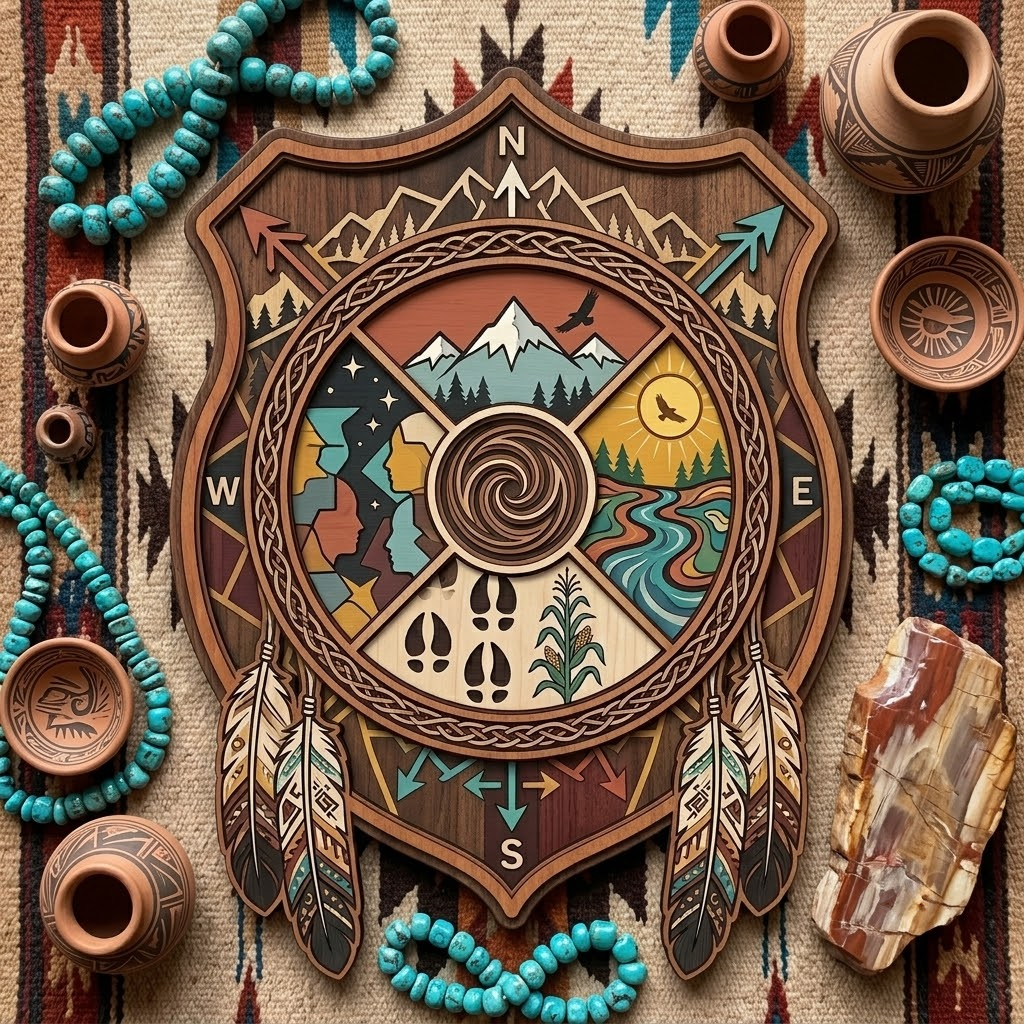 Tribal Compass 3 Layer Wooden Sign, Native American Shield Wall Art, Layered Wood Decor, Not 3D Printed, Southwestern Aztec Home Decor, Boho Desert Sign, Gift