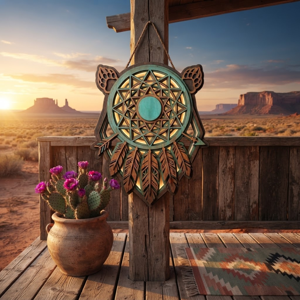 Turquoise Dreamcatcher 3 Layer Wooden Sign, Bear Paw Wall Art, Layered Wood Decor, Not 3D Printed, Southwestern Boho Sign, Native Style Decor, Gift