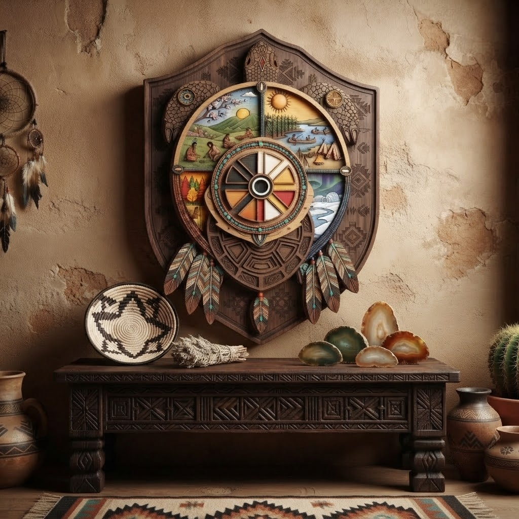 Tribal Turtle Medicine Wheel 3 Layer Wooden Sign, Native American Wall Art, Layered Wood Decor, Not 3D Printed, Southwestern Aztec Sign, Boho Wildlife Decor, Gift