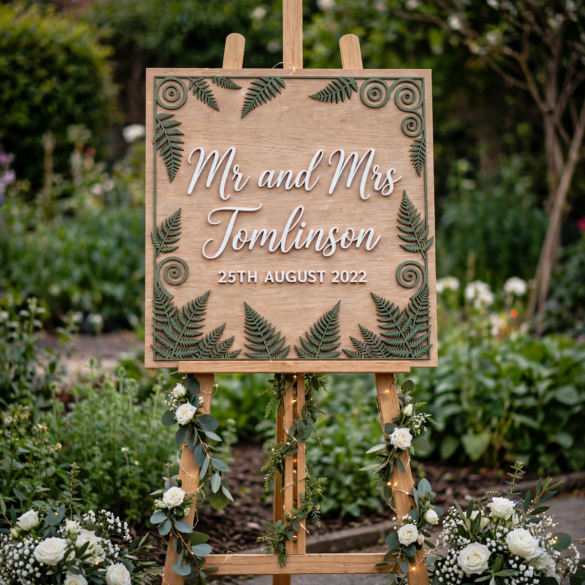 Personalized Wooden Wedding Welcome Sign, Fern Botanical, Custom Mr And Mrs