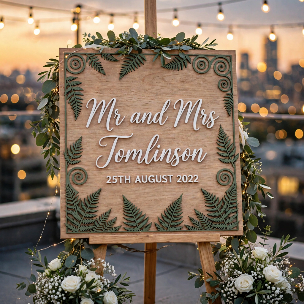 Personalized Wooden Wedding Welcome Sign, Fern Botanical, Custom Mr And Mrs