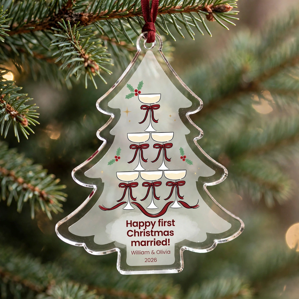 Personalized First Christmas Married Ornament Champagne Tower Keepsake