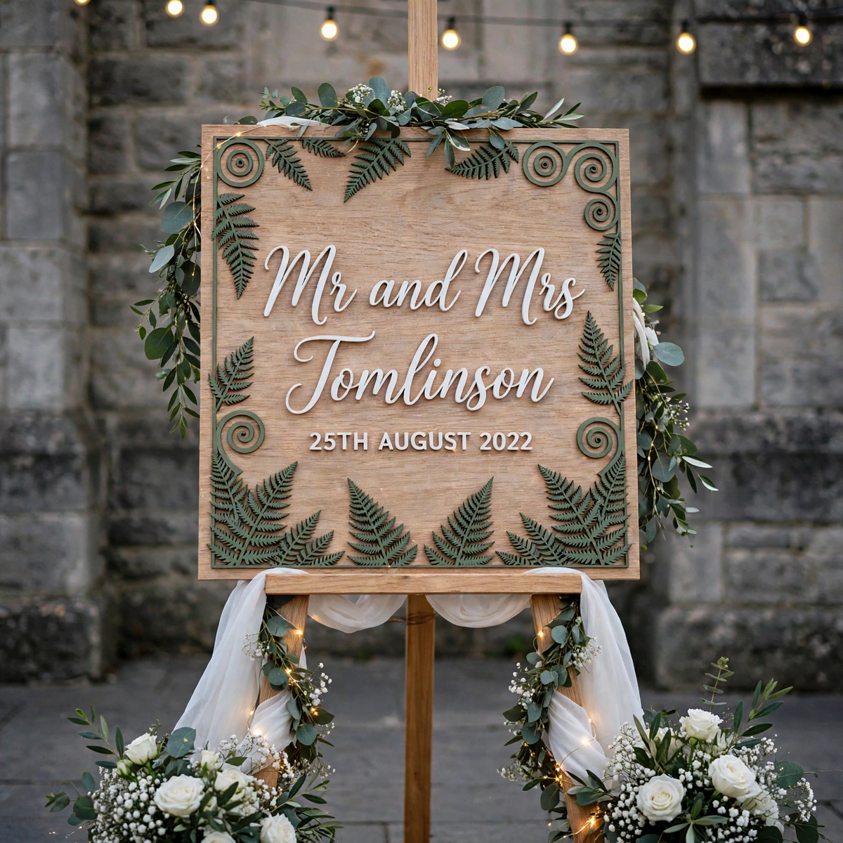 Personalized Wooden Wedding Welcome Sign, Fern Botanical, Custom Mr And Mrs