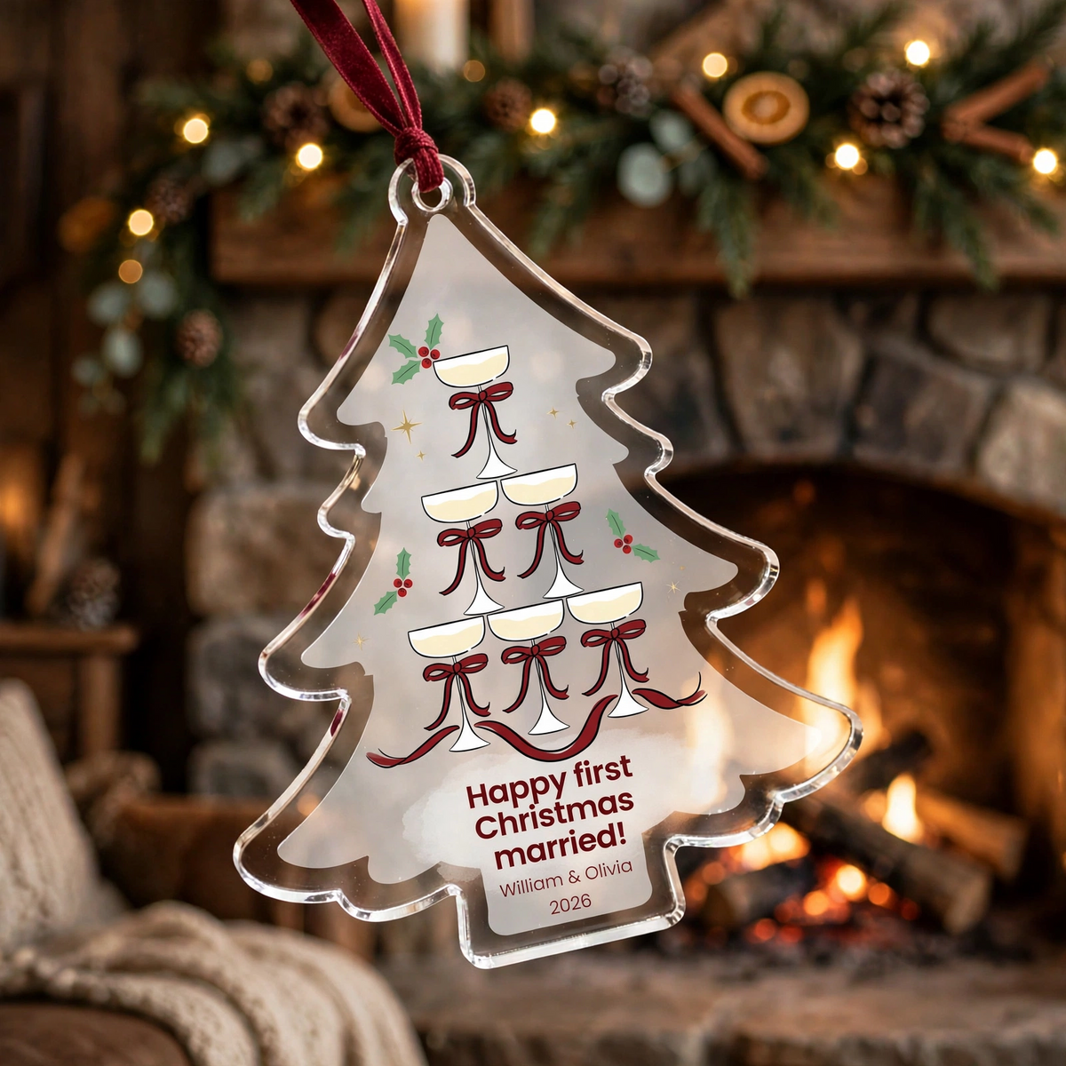 Personalized First Christmas Married Ornament Champagne Tower Keepsake