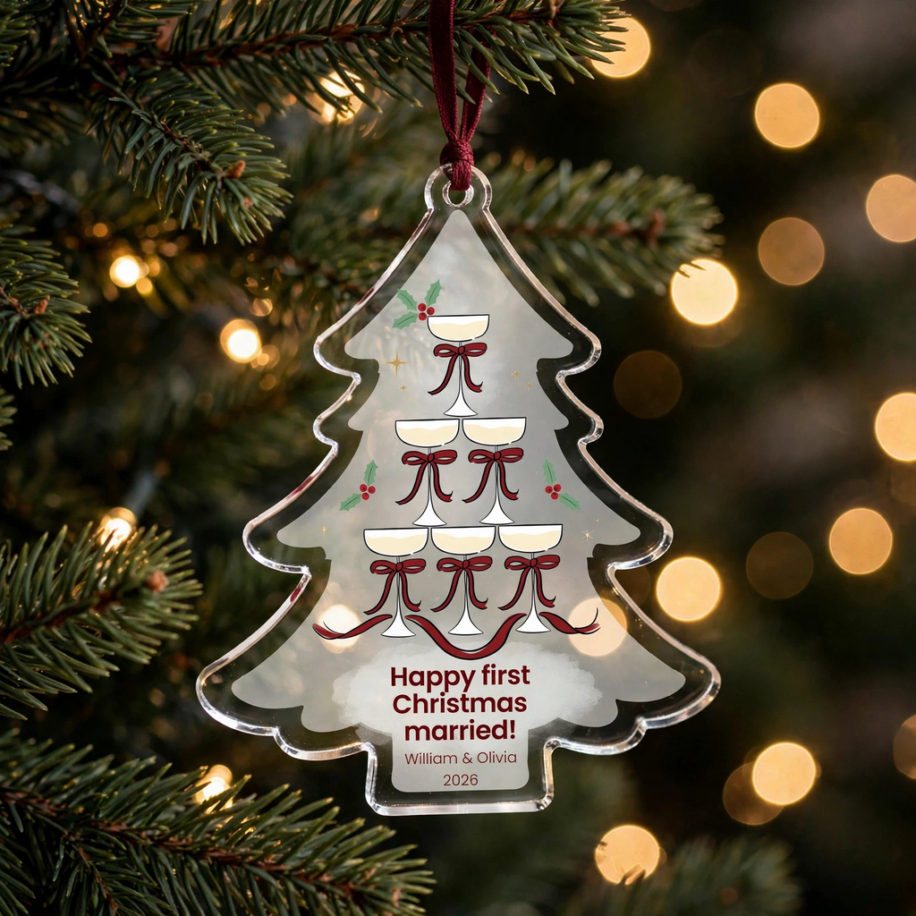 Personalized First Christmas Married Ornament Champagne Tower Keepsake