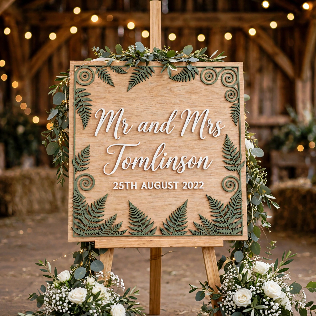 Personalized Wooden Wedding Welcome Sign, Fern Botanical, Custom Mr And Mrs