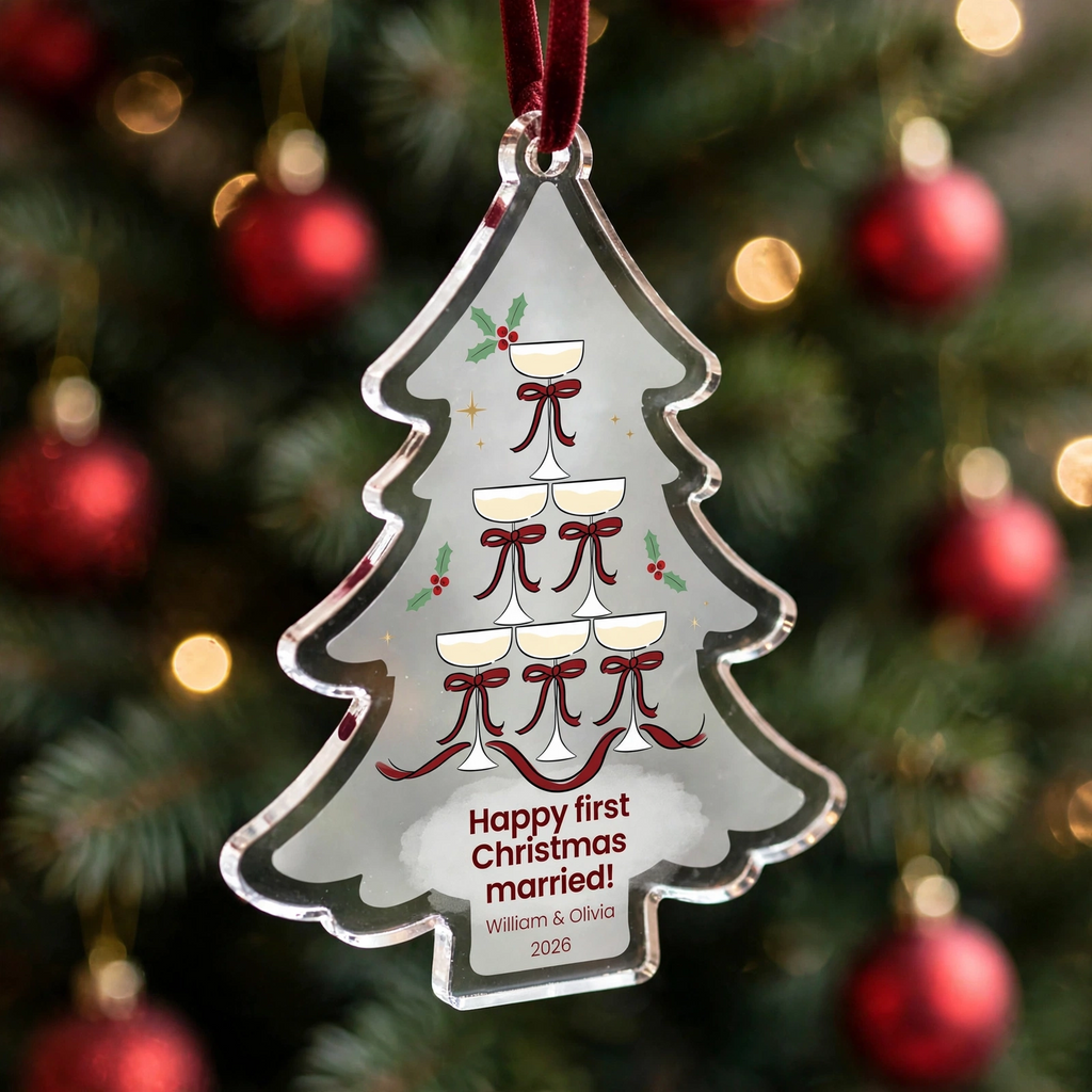 Personalized First Christmas Married Ornament Champagne Tower Keepsake
