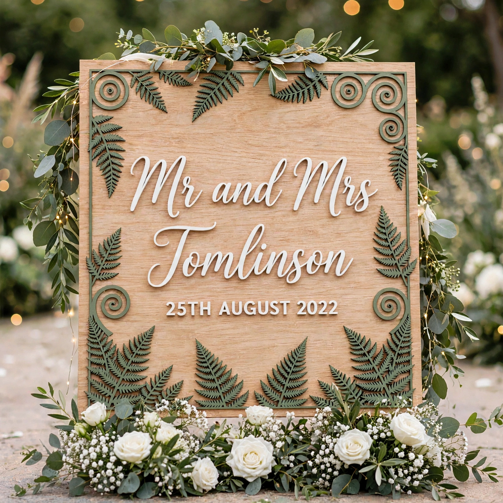 Personalized Wooden Wedding Welcome Sign, Fern Botanical, Custom Mr And Mrs