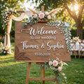 Rustic Wedding Welcome Sign, Personalized Wooden Board, Eucalyptus Leaf Decor