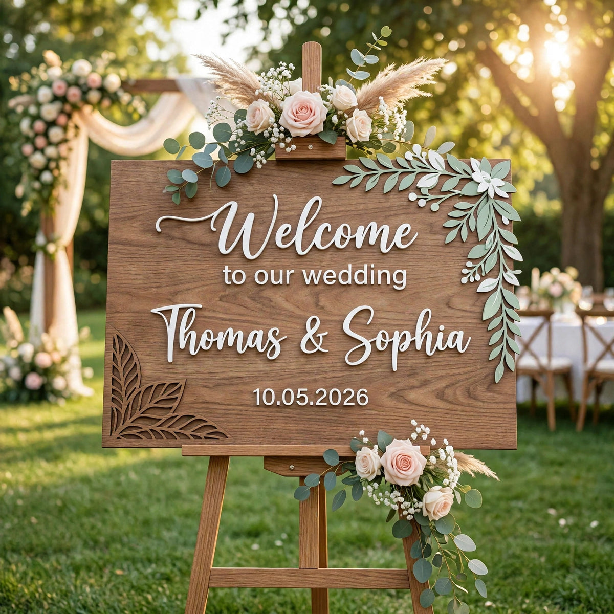 Rustic Wedding Welcome Sign, Personalized Wooden Board, Eucalyptus Leaf Decor