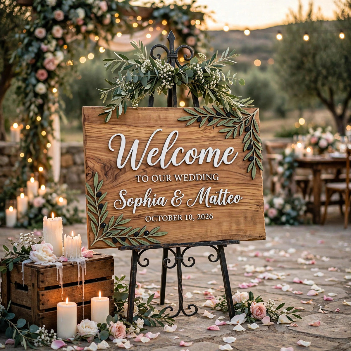 Rustic Wedding Welcome Sign, Personalized Wooden Board, Olive Branch Decor