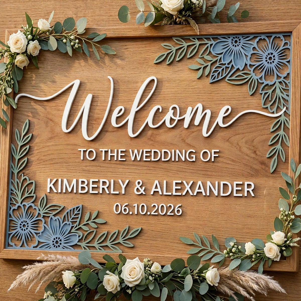 Rustic Wedding Welcome Sign, Personalized Wooden Board, Blue Floral Decor