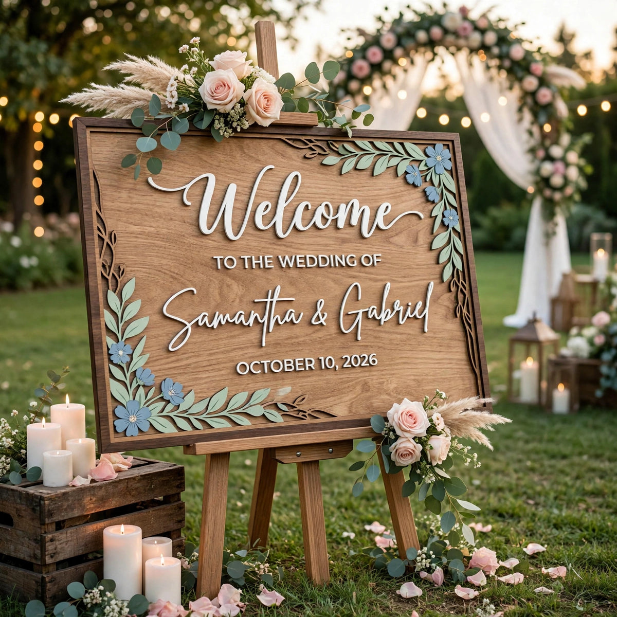 Rustic Wedding Welcome Sign, Personalized Wooden Board, Blue Floral Decor