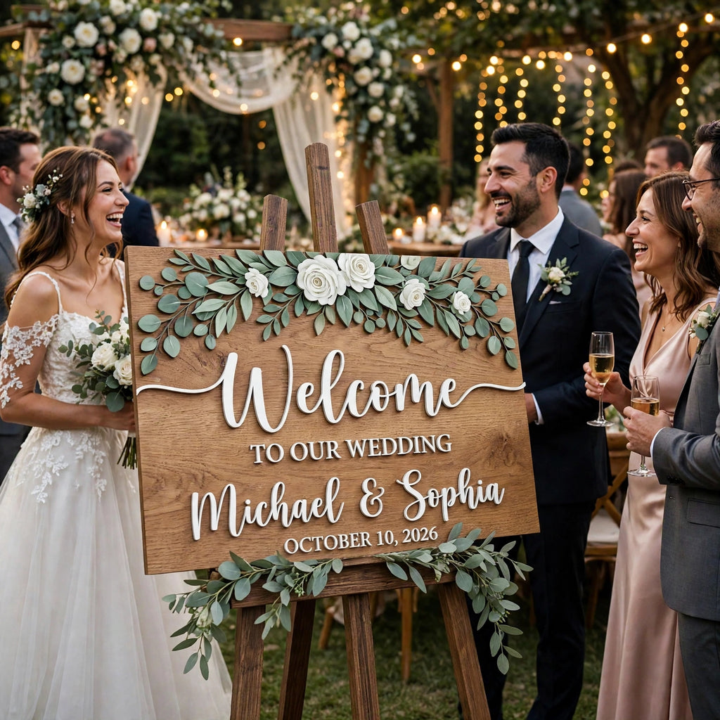 Rustic Wedding Welcome Sign,  Personalized Ceremony Plaque With Top Floral Garland