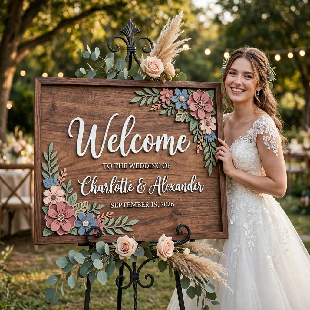 Rustic Wedding Welcome Sign, Personalized Wooden Board, Boho Flower Decor