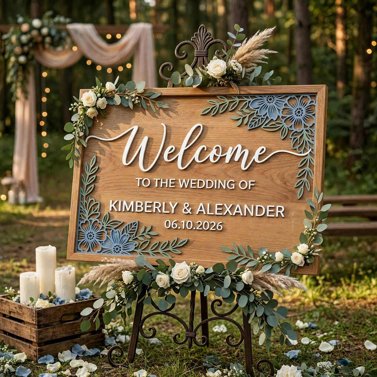 Rustic Wedding Welcome Sign, Personalized Wooden Board, Blue Floral Decor