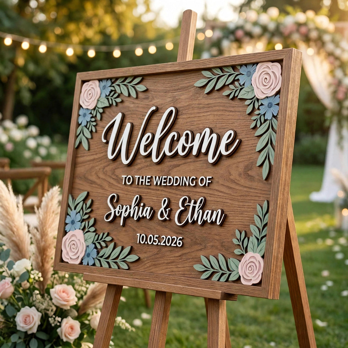 Rustic Wedding Welcome Sign, Personalized Wooden Board, Floral Decor