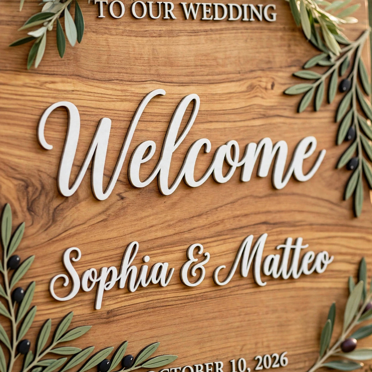 Rustic Wedding Welcome Sign, Personalized Wooden Board, Olive Branch Decor