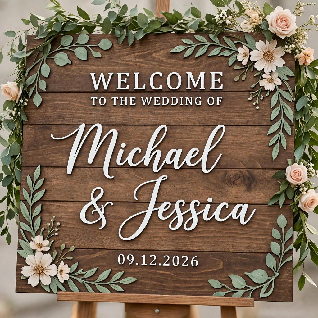 Rustic Wedding Welcome Sign, Personalized Wooden Board, Ivory Flower Plaque