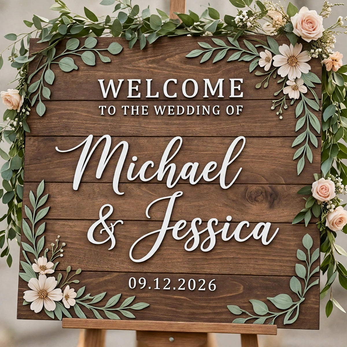 Rustic Wedding Welcome Sign, Personalized Wooden Board, Ivory Flower Plaque