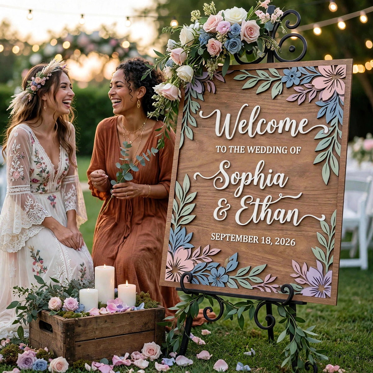 Rustic Wedding Welcome Sign, Personalized Wooden Board, Pastel Floral Decor