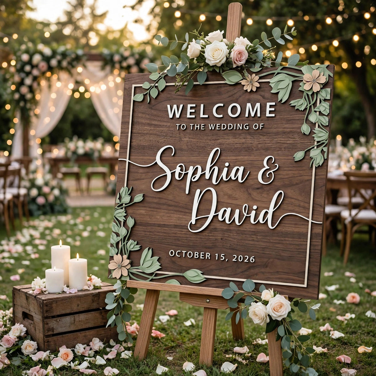 Rustic Wedding Welcome Sign, Personalized Wooden Board, Sage Green Leafy Decor