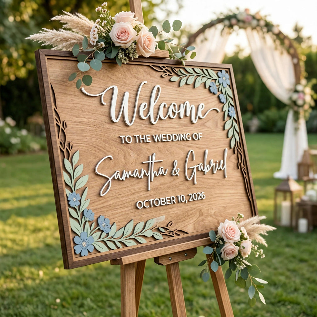 Rustic Wedding Welcome Sign, Personalized Wooden Board, Blue Floral Decor