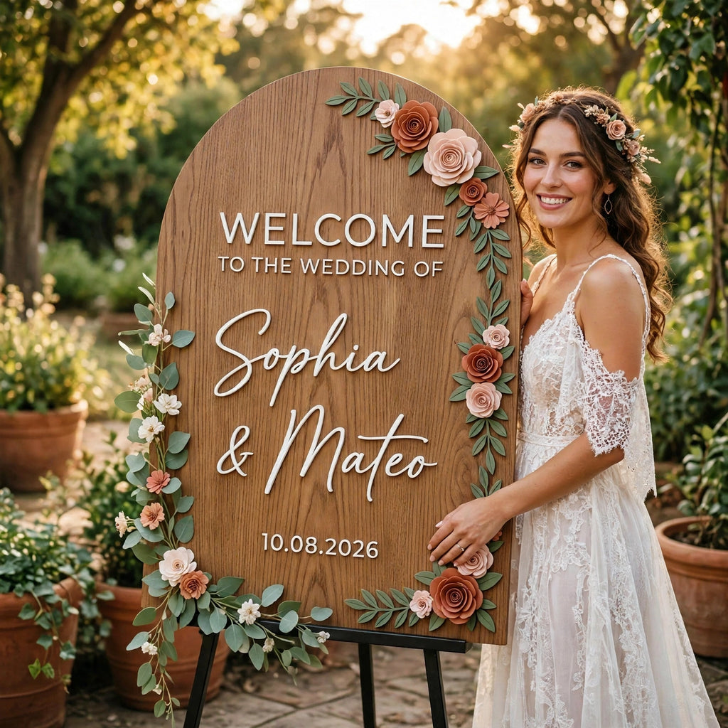 Rustic Wedding Welcome Sign, Personalized Wood Board, Terracotta Floral Decor