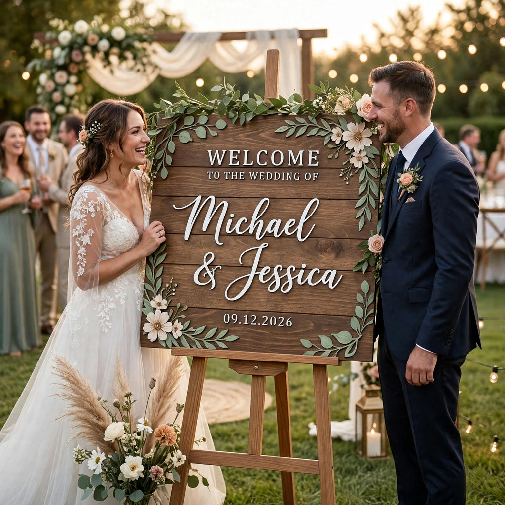 Rustic Wedding Welcome Sign, Personalized Wooden Board, Ivory Flower Plaque