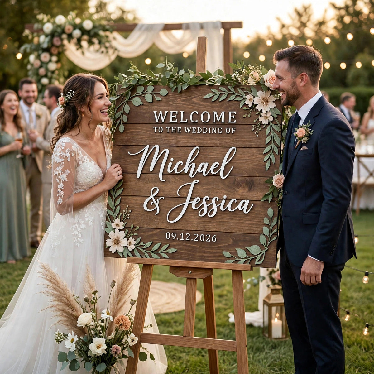 Rustic Wedding Welcome Sign, Personalized Wooden Board, Ivory Flower Plaque
