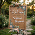 Rustic Wedding Welcome Sign, Personalized Wooden Board, Peach Blue Flower Decor