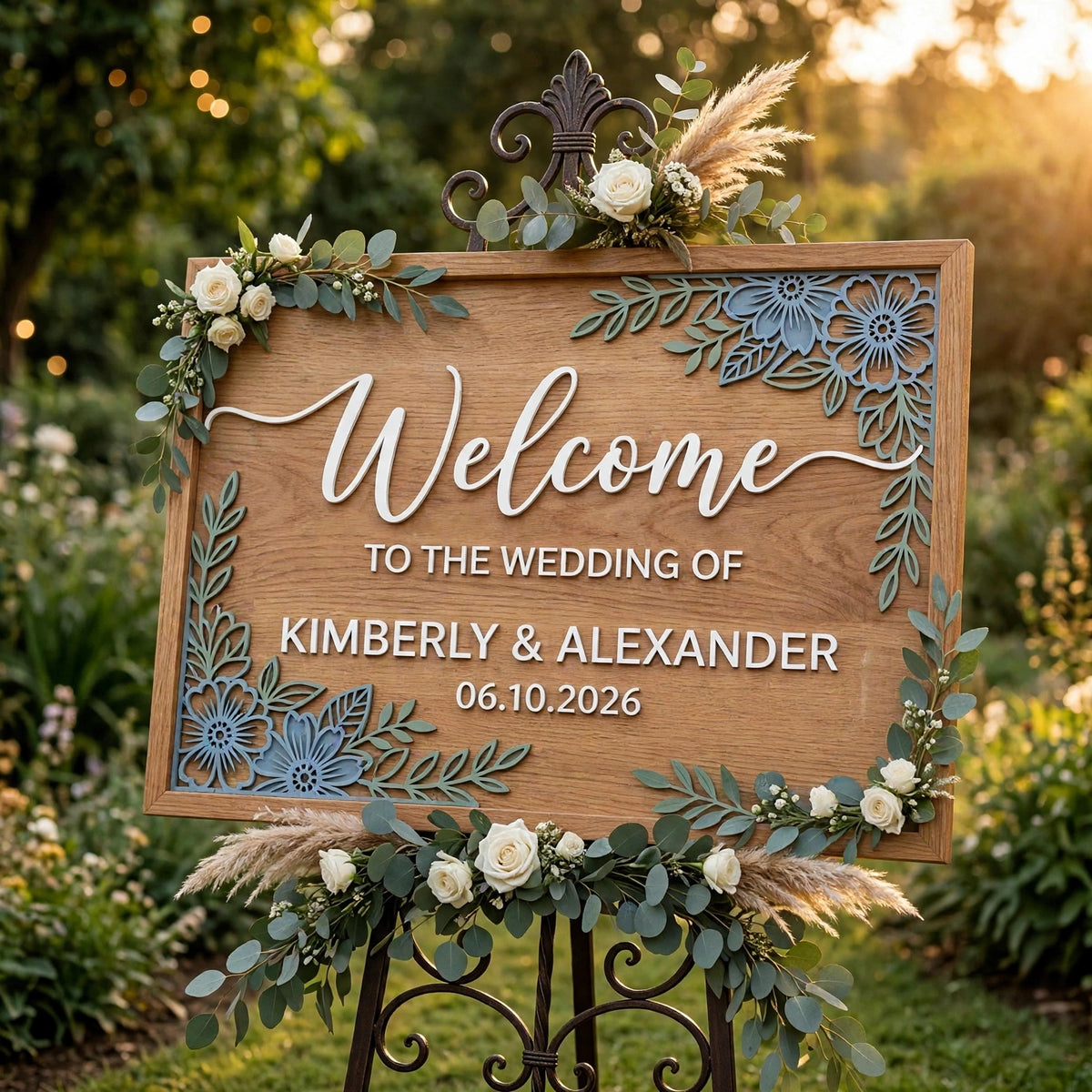 Rustic Wedding Welcome Sign, Personalized Wooden Board, Blue Floral Decor