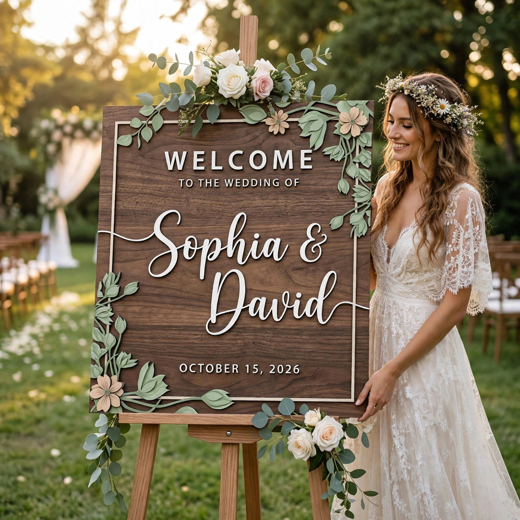 Rustic Wedding Welcome Sign, Personalized Wooden Board, Sage Green Leafy Decor