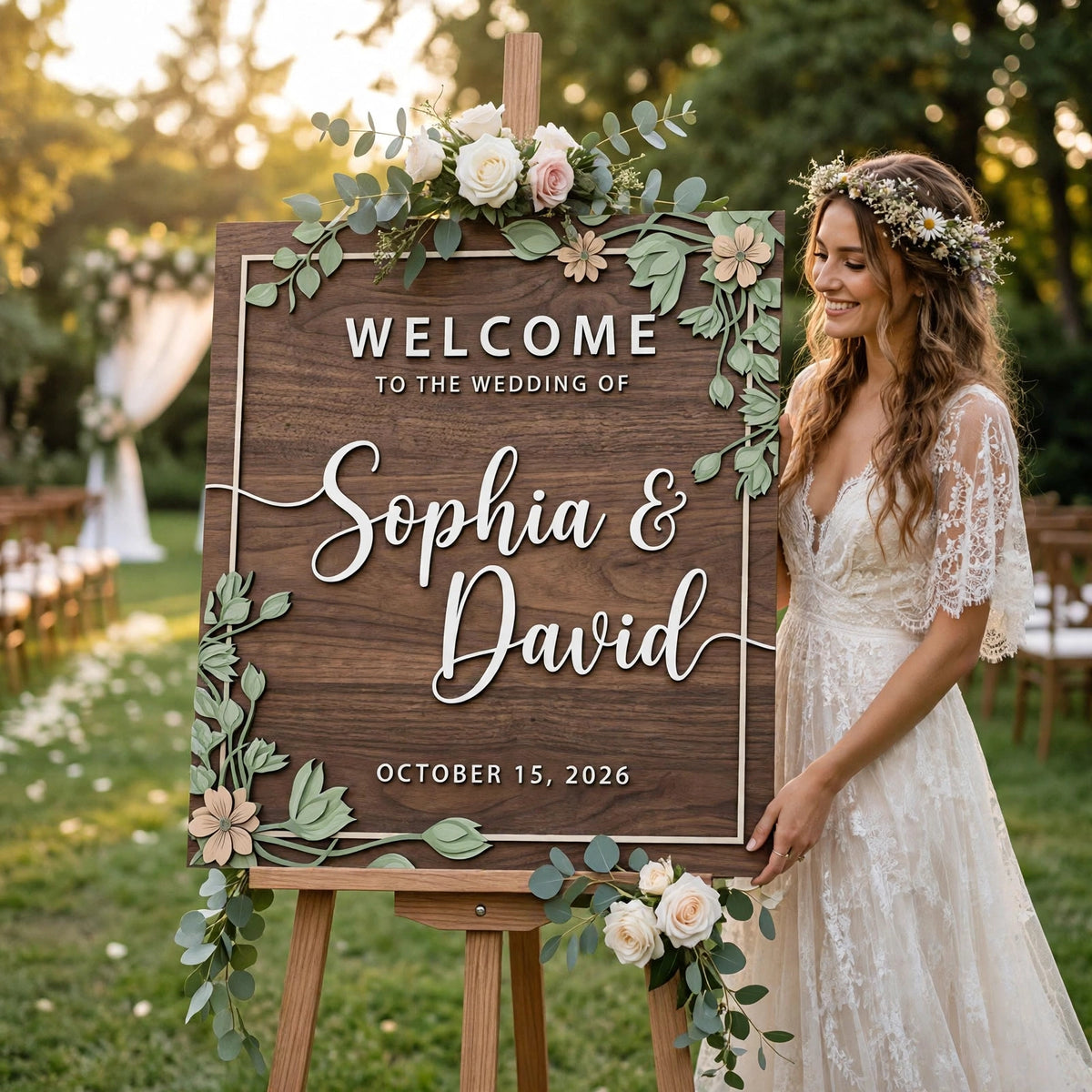 Rustic Wedding Welcome Sign, Personalized Wooden Board, Sage Green Leafy Decor