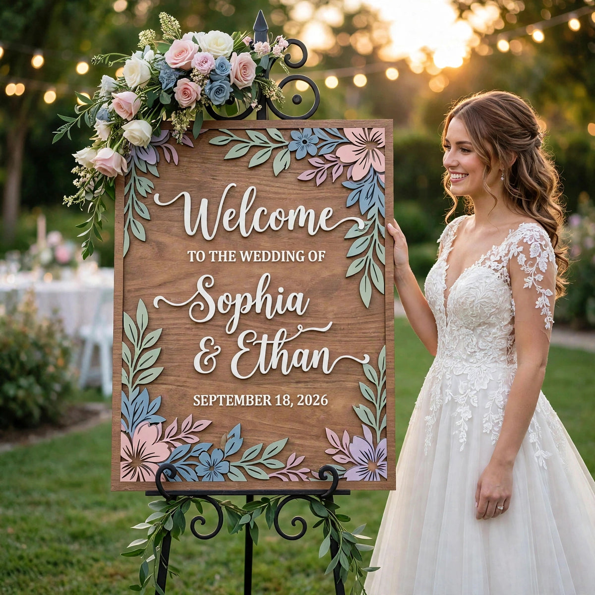 Rustic Wedding Welcome Sign, Personalized Wooden Board, Pastel Floral Decor